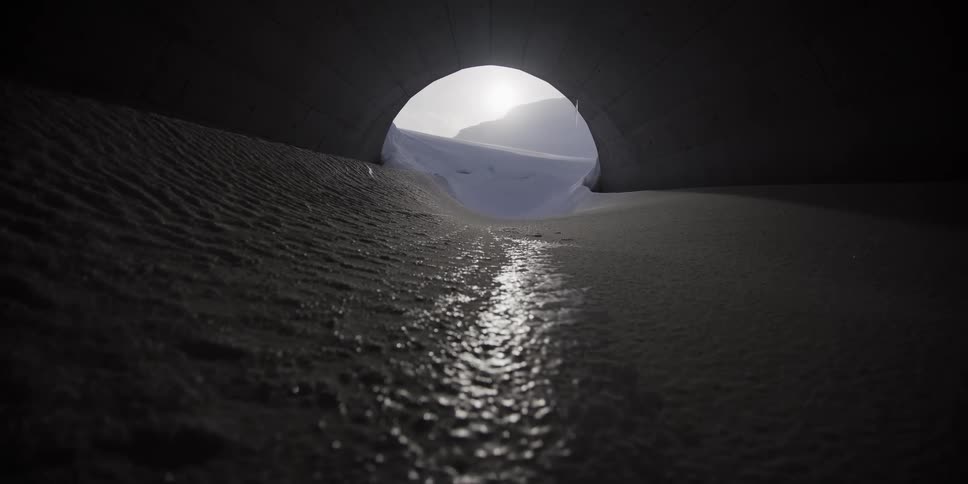 A slow dolly shot moves through a dark, snow-filled culvert towards the bright light of a winter landscape