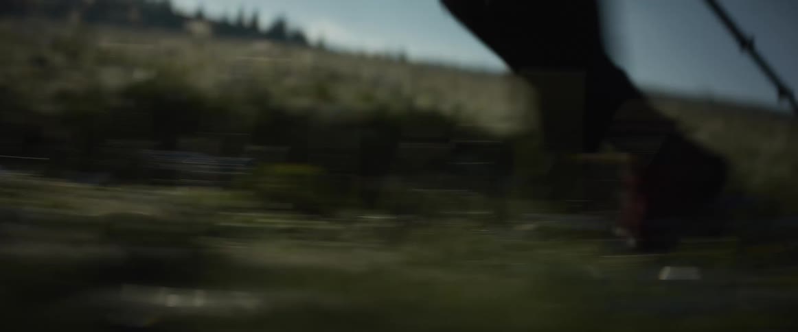 A dynamic, low-angle tracking shot captures the blurry motion of a hiker's legs and trekking poles moving swiftly through a sunlit meadow