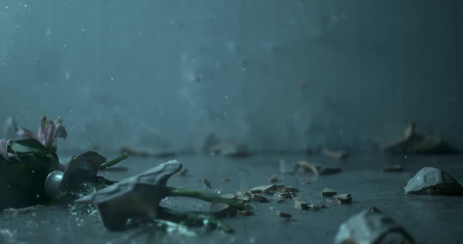 Vase of flowers falls and breaks on a hard floor