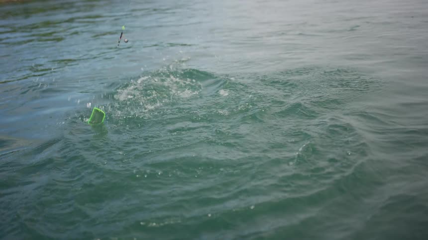 A fish caught on a hook thrashes and splashes at the surface of the water in slow motion