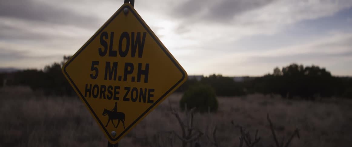 A yellow 'Slow 5 M.P.H Horse Zone' sign stands in a dry, rural field under an overcast sky at dusk