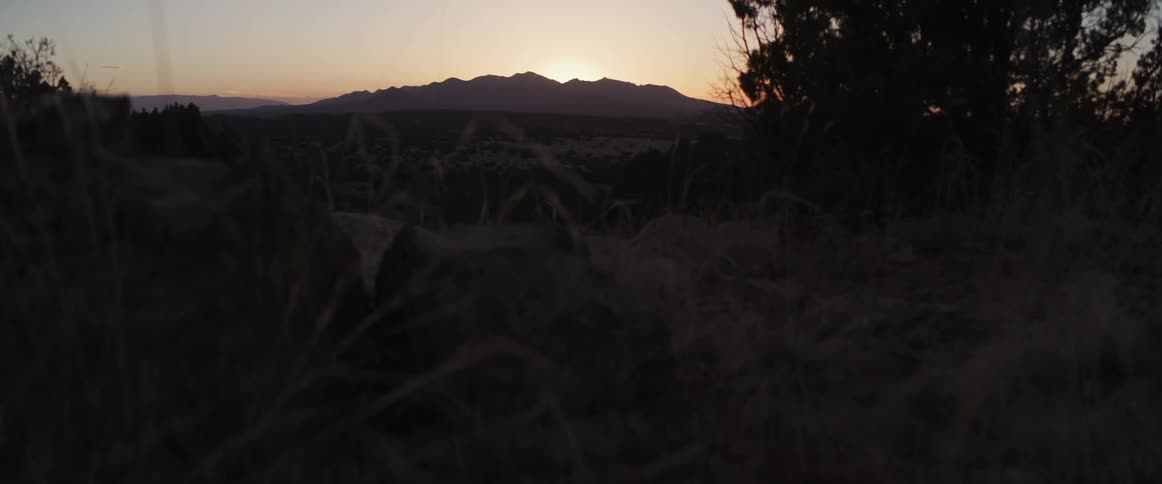 A serene, slow pan across a desert landscape as the sun rises over silhouetted mountains on the horizon