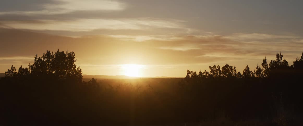 A tranquil time-lapse captures a golden sunrise cresting over the horizon, silhouetting the treeline as clouds drift across the sky