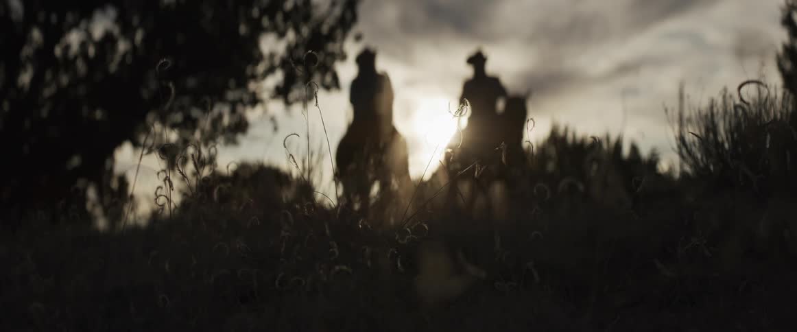 Silhouettes of two mysterious cowboys on horseback are seen through tall grass against the setting sun