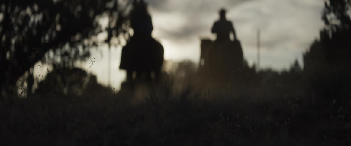 Silhouetted cowboys on horseback ride slowly away into the hazy sunset, filmed from a low angle through tall grass