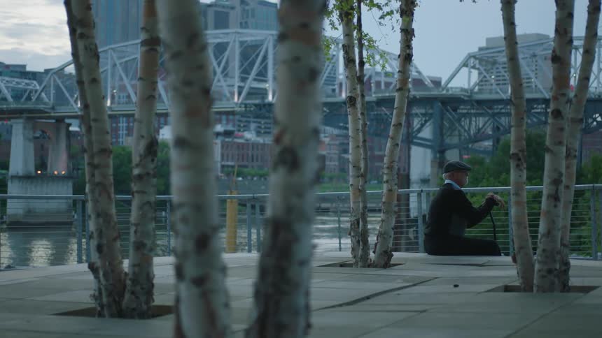 A man sitting in front of trees holding a cane overlooking a city bridge