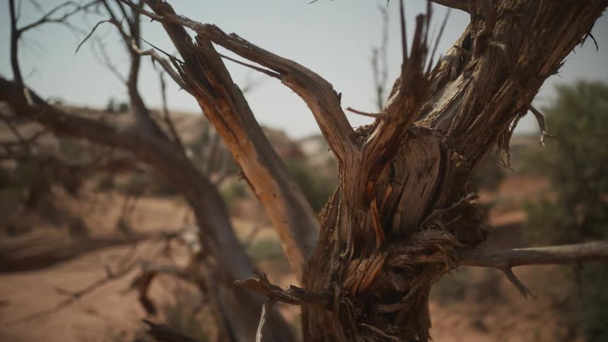 Close up of a dead and weathered tree in the arid desert landscape
