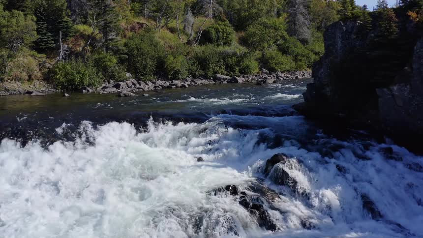 An aerial view pulls back over a powerful river with whitewater rapids cascading over dark rocks in a dense green forest