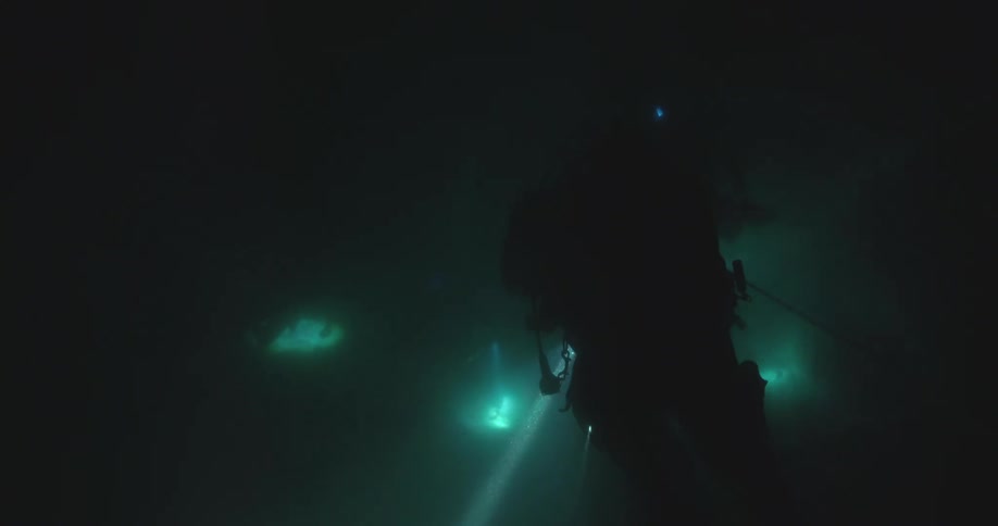 Silhouetted scuba divers navigate a dark, murky underwater cave, illuminated by their flashlights and a bright light from above