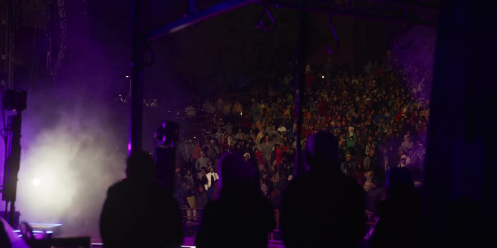 From a backstage perspective, a massive audience watches a nighttime performance at an outdoor festival, illuminated by purple stage lights and smoke