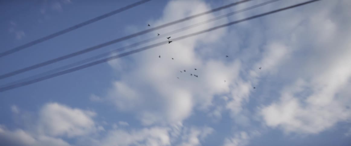 A flock of birds flies in slow motion through a cloudy blue sky above trees and power lines