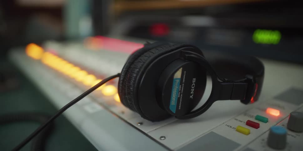 A close-up of professional headphones sitting on a sound mixing board with lights blinking in a recording studio