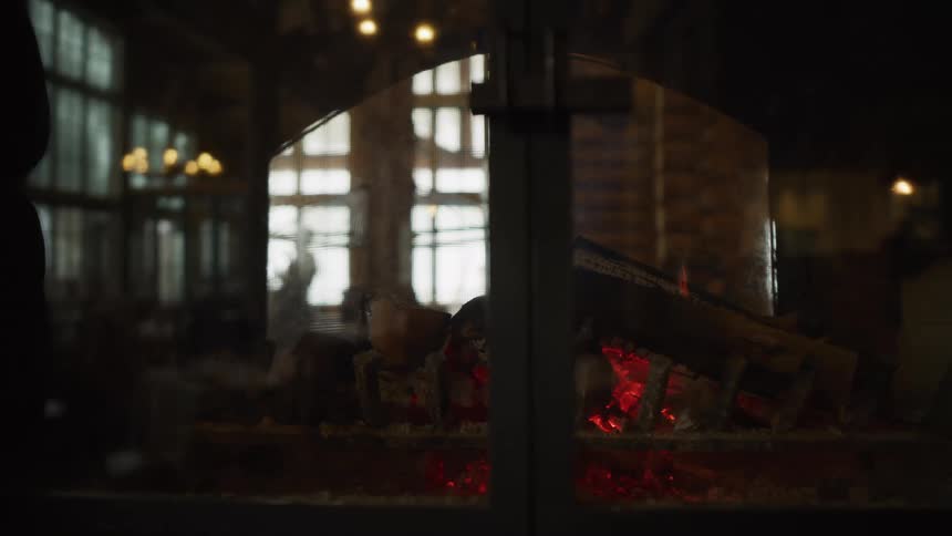 A cozy fireplace with glowing red embers burns behind glass doors in a dimly lit lodge