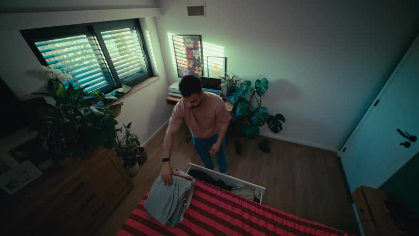 High-angle shot of a young man putting away his clean, folded laundry into a dresser drawer in his sunlit bedroom
