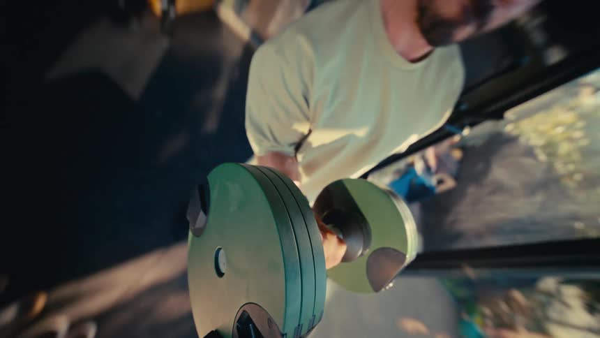 A man intensely works out with heavy dumbbells in a sunlit garage gym, filmed with a dynamic, spinning, low-angle camera