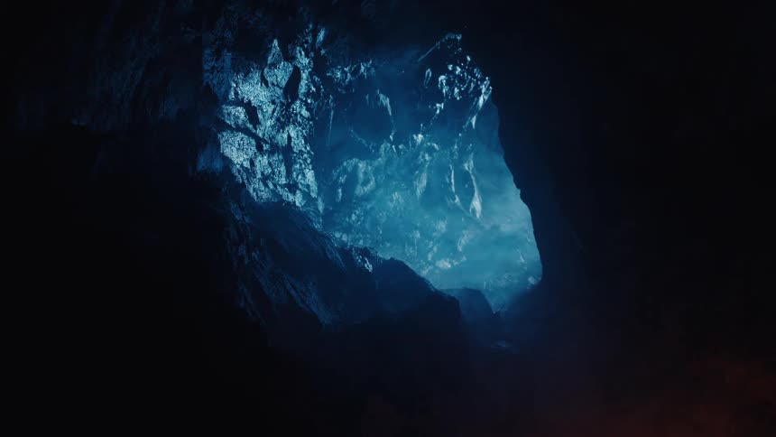 A mysterious, glowing blue ice formation is seen from the entrance of a dark, warm cave with a flickering fire
