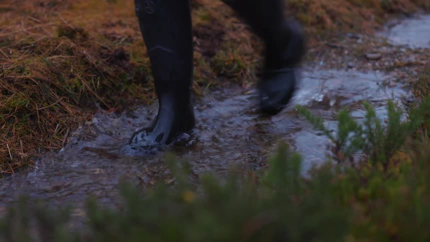 A slow-motion close-up of a person in rain boots walking and splashing through a muddy puddle on a path