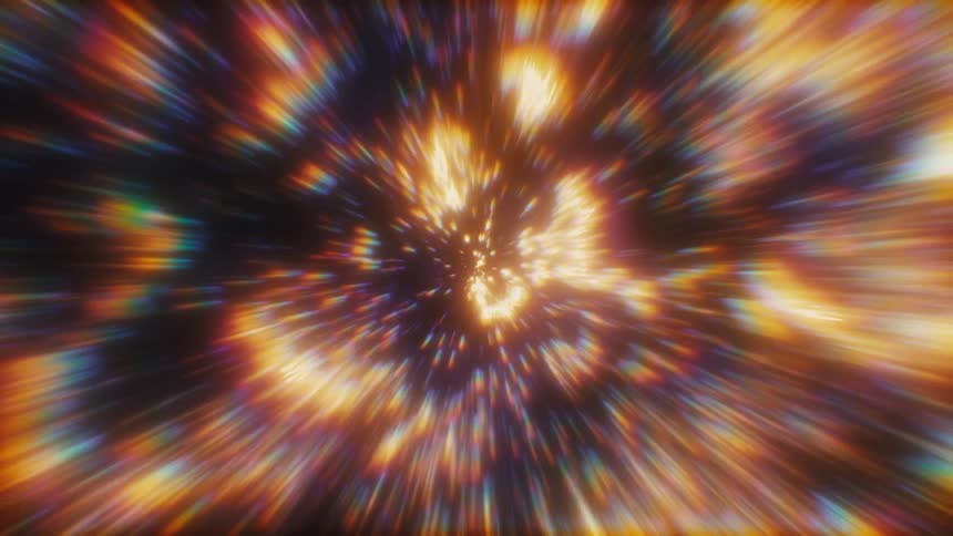 A vibrant, abstract journey through a cosmic wormhole filled with colorful, high-speed light particles