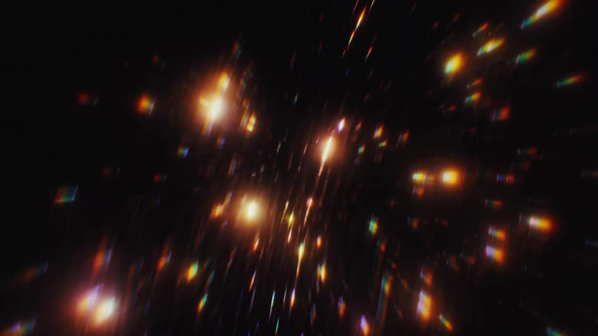 An abstract animation of mesmerizing, multicolored light particles and streaks glittering and flying through dark space