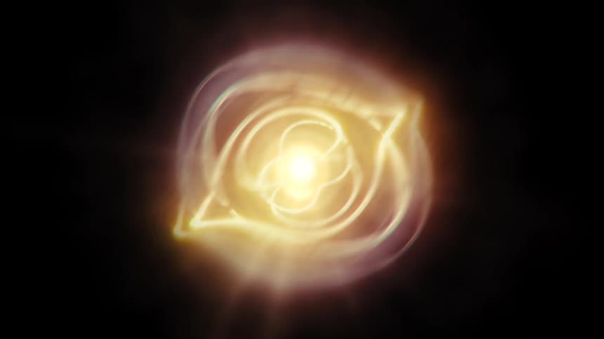 An abstract golden orb of light energy pulses and swirls against a black background