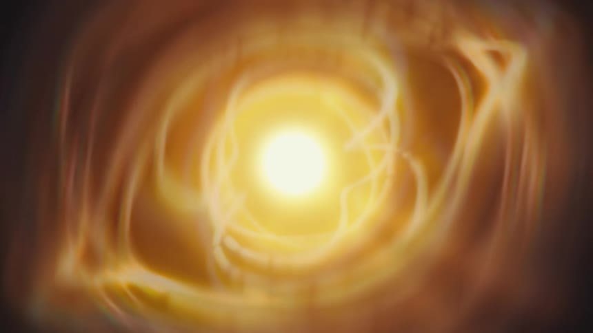 An abstract animation of a warm, golden light vortex slowly swirling in a tunnel-like formation