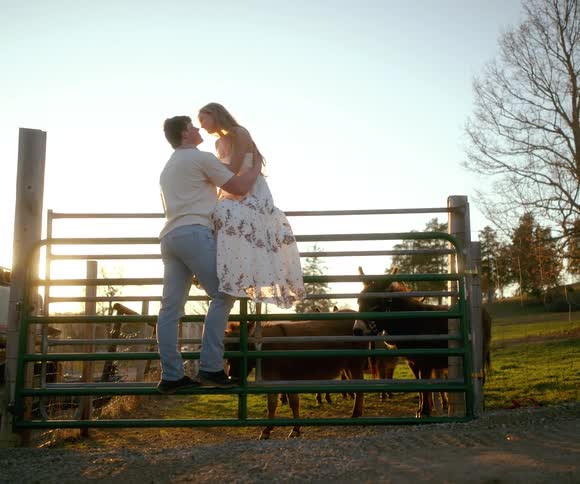 A romantic young couple shares a kiss on a farm gate at sunset, surrounded by donkeys in a pasture