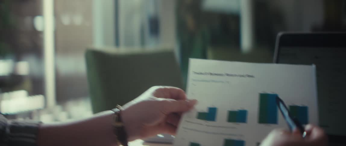 A financial advisor smiles while explaining a report on investment returns and risks to a client during a meeting