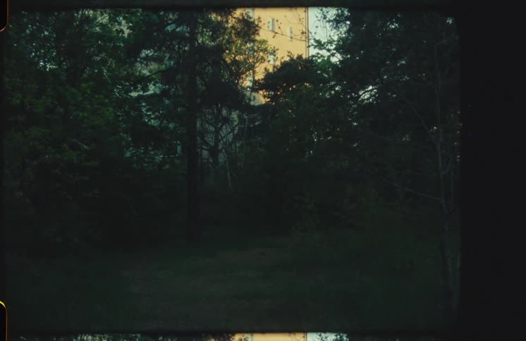 A vintage, moody film shot captures a dark, wooded clearing at dusk with a building looming in the background