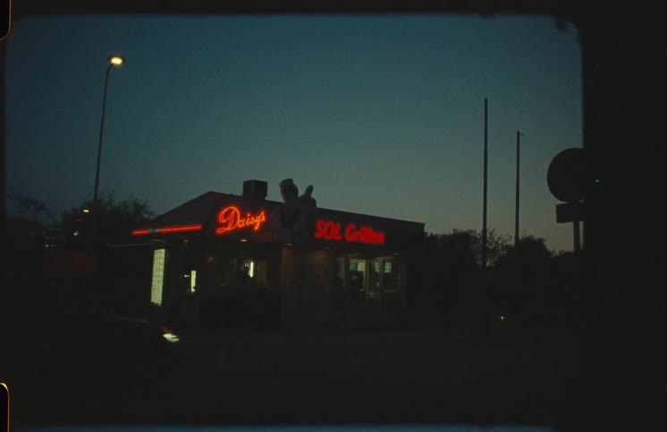 A lonely roadside diner glows with red neon lights in the twilight as a car drives by in this vintage film footage