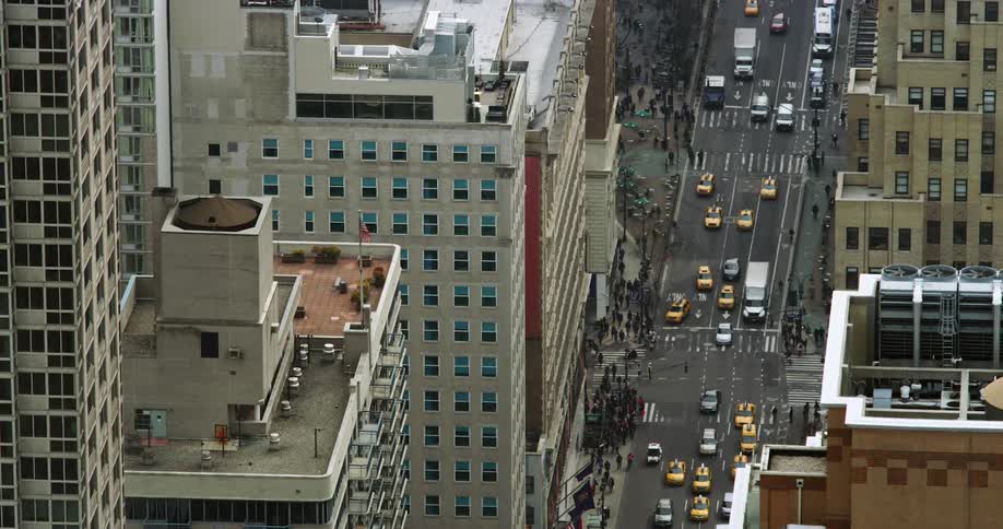 View from above on a busy city street
