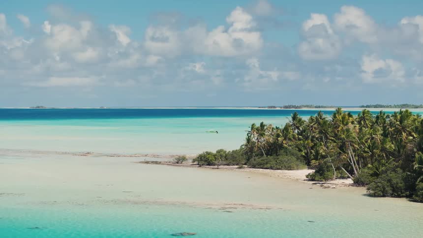 A picturesque tropical island with lush palm trees is surrounded by calm, crystal-clear turquoise ocean waters under a blue sky with white clouds