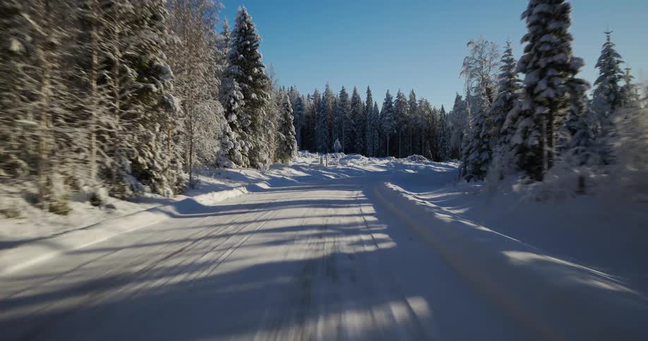 A point-of-view drive down a snow-covered road through a beautiful, sunlit winter forest