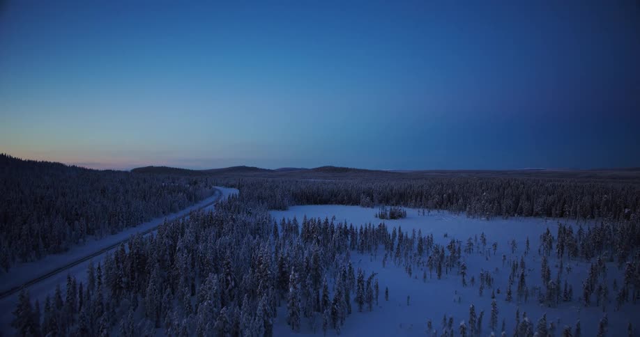 A tranquil aerial shot glides over a vast, snow-covered evergreen forest and a remote road during the deep blue twilight of winter