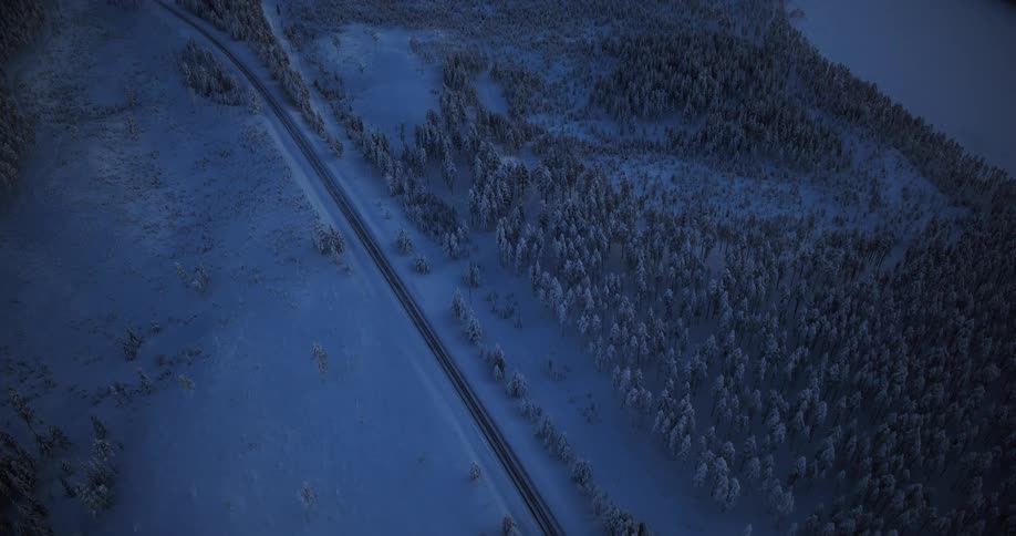 Aerial drone footage shows a lonely road winding through a snow-covered evergreen forest during the twilight blue hour