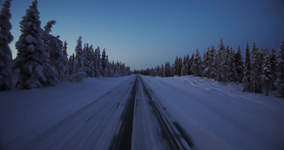A point-of-view shot traveling down a snowy road through a dense winter forest at dusk