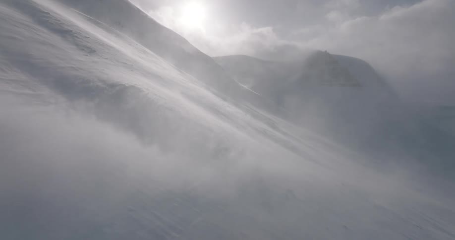 Aerial view of a powerful snowstorm as fierce winds sweep across a vast, sunlit mountain range