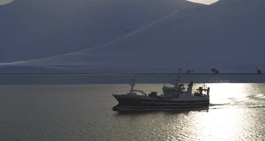 A fishing boat sails through a calm fjord during a beautiful sunset, its silhouette cast against the shimmering water and snowy mountains