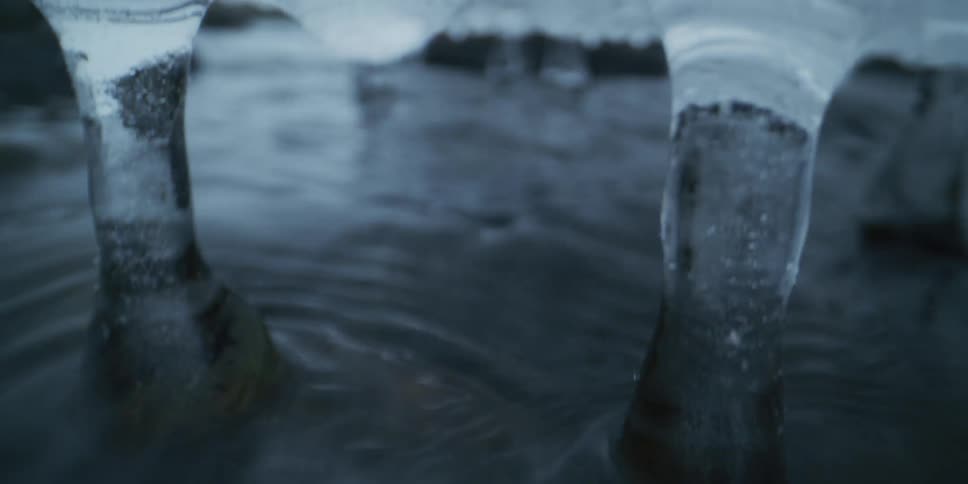 An artistic close-up reveals a winter creek as water flows beneath and around intricate ice formations