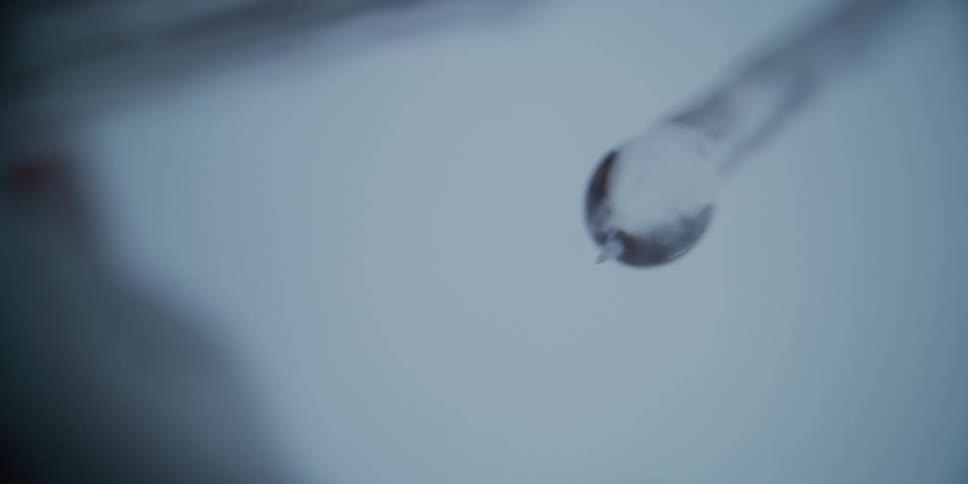 A macro slow-motion shot captures a single water droplet forming and falling from the tip of an icicle against a soft white background