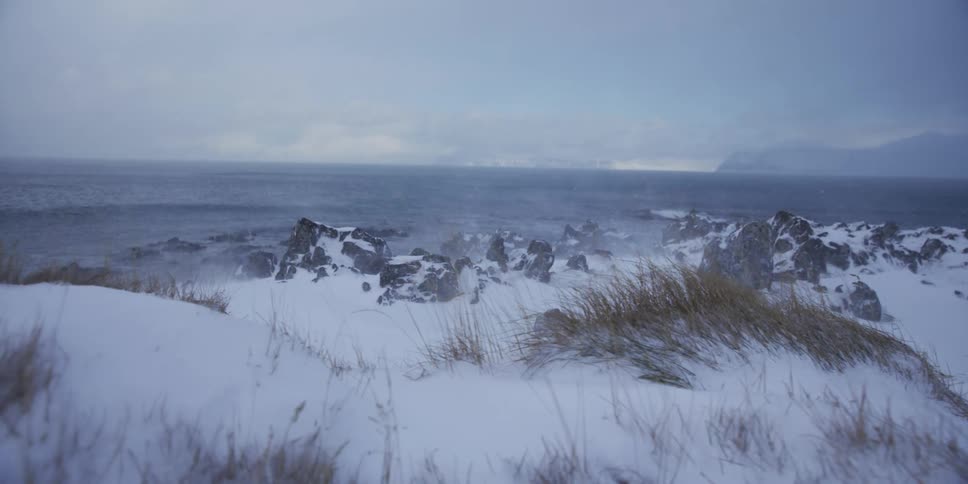 A slow-motion dolly shot captures a fierce winter blizzard sweeping across a desolate, snow-covered coastline
