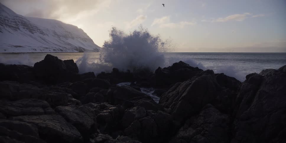 A powerful ocean wave crashes in dramatic slow motion against a rocky coastline backed by snow-covered mountains at sunset