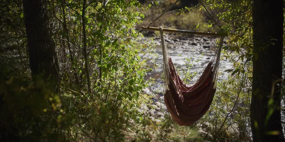 An empty hammock chair sways gently in a sunlit forest next to a tranquil, flowing river
