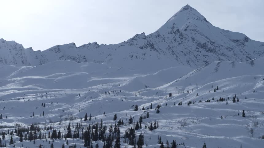 A majestic, snow-covered mountain peak towers over a vast and frozen winter landscape