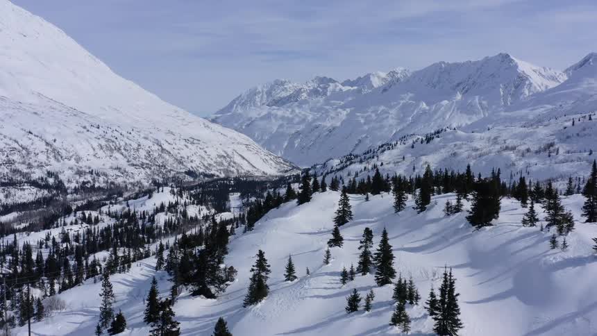 Aerial shot slowly retreats over a vast, snow-covered mountain valley dotted with pine trees on a clear winter day