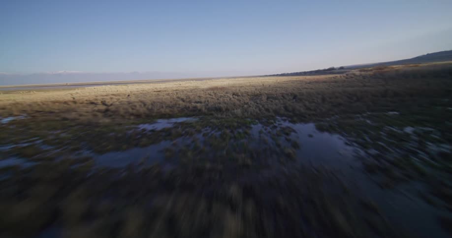Thrilling FPV drone flight speeds low over a vast, dry grassy marshland towards distant mountains under a clear blue sky