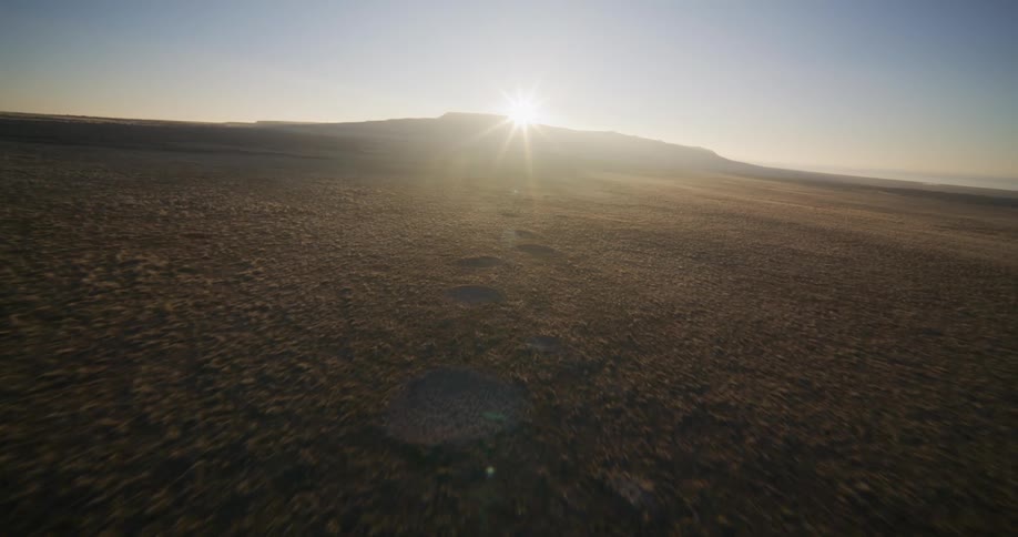 A fast aerial pullback reveals a vast, sun-drenched desert landscape with mysterious footprints leading towards the horizon