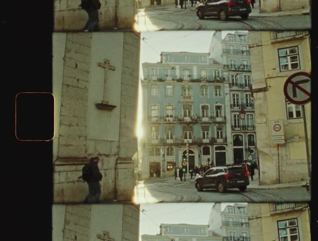 Vintage film strip collage captures a sunlit European street scene with pedestrians walking by historic buildings