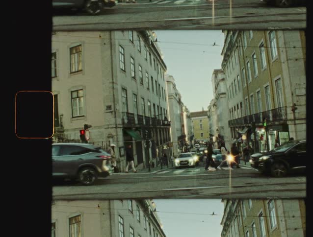 Vintage split-screen film captures a bustling European city street with cars and pedestrians crossing at an intersection