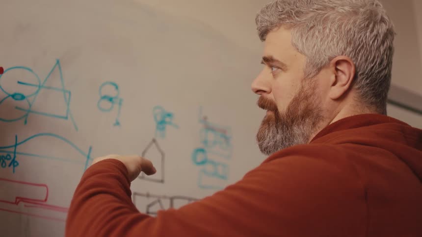 A mature, bearded man in a red hoodie explains complex diagrams on a whiteboard during a brainstorming session