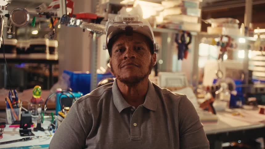 A confident male engineer wearing a head-mounted magnifier gazes seriously at the camera in his bustling workshop